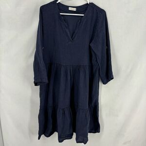 Bellambra Womens Small Navy Blue Linen Mini Dress Oversized Tiered Ruffle V-Neck